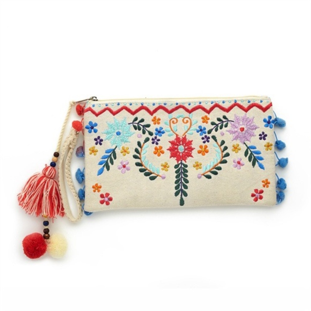 2 Chic embroidered pom tassel clutch